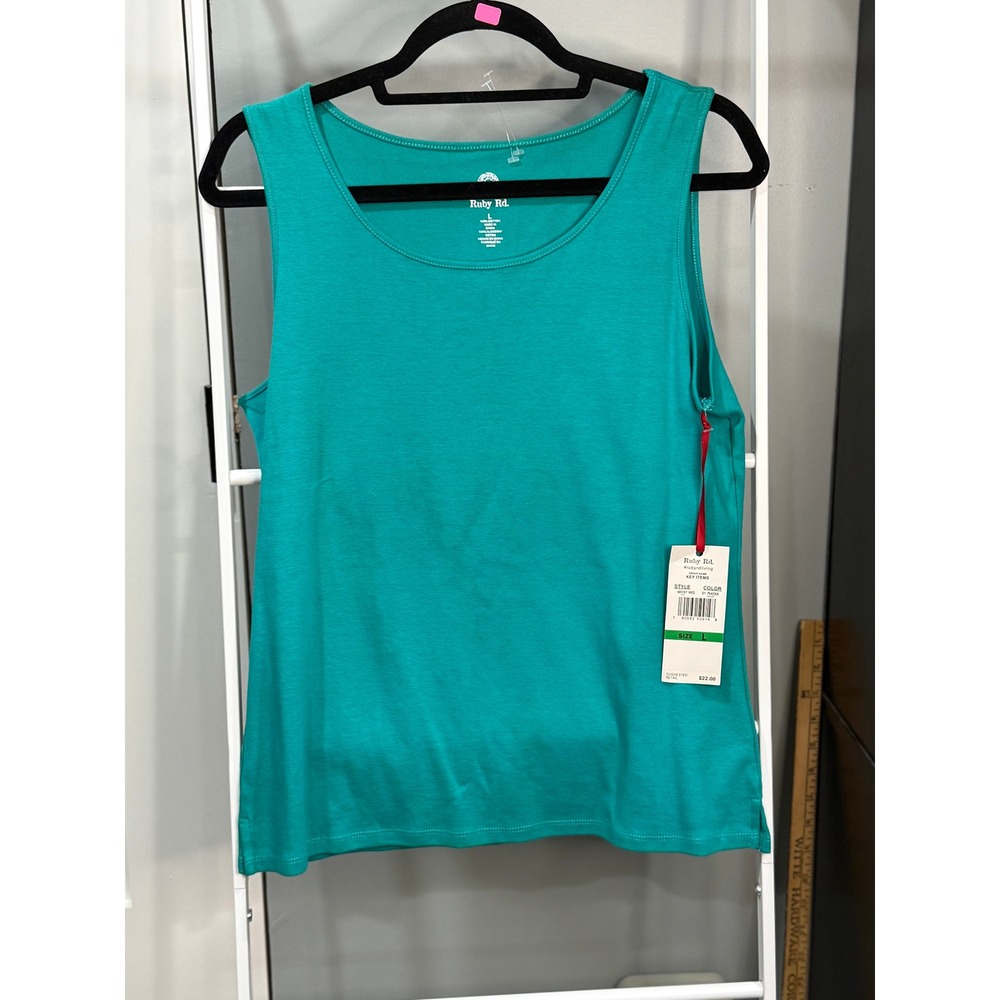 Ruby Rd Women Teal Green Cotton Scoop Neck Tank Top 46157 Size L NWT Grannycore